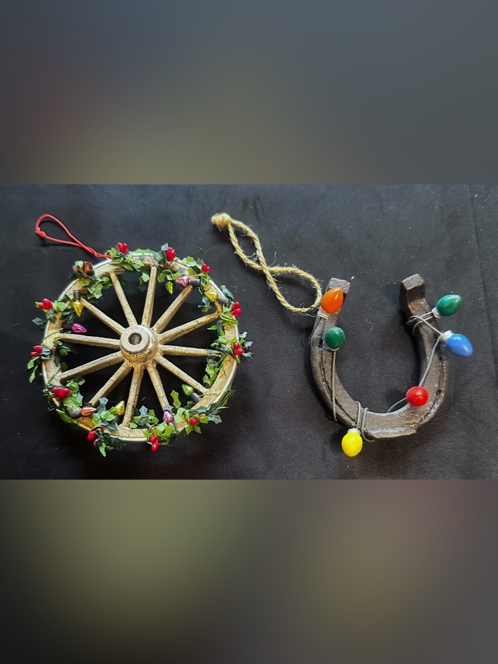 Rustic Wagon Wheel and Horseshoe Holiday Ornaments - Multicolor
